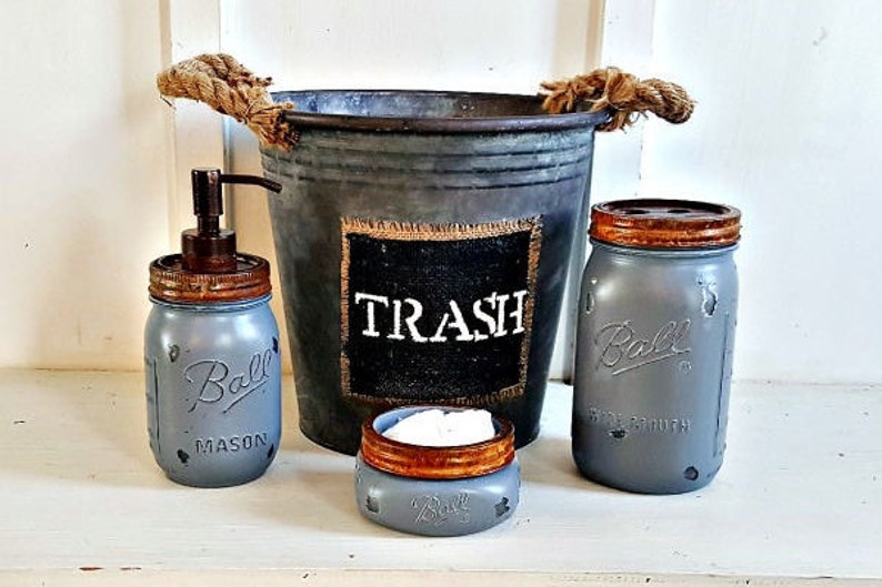 Galvinized Waste Basket Mason Soap Pump 4 Piece.Rustic.Grey Bathroom Accessories Rustic Bathroom Decor Mason Jar Bathroom Set