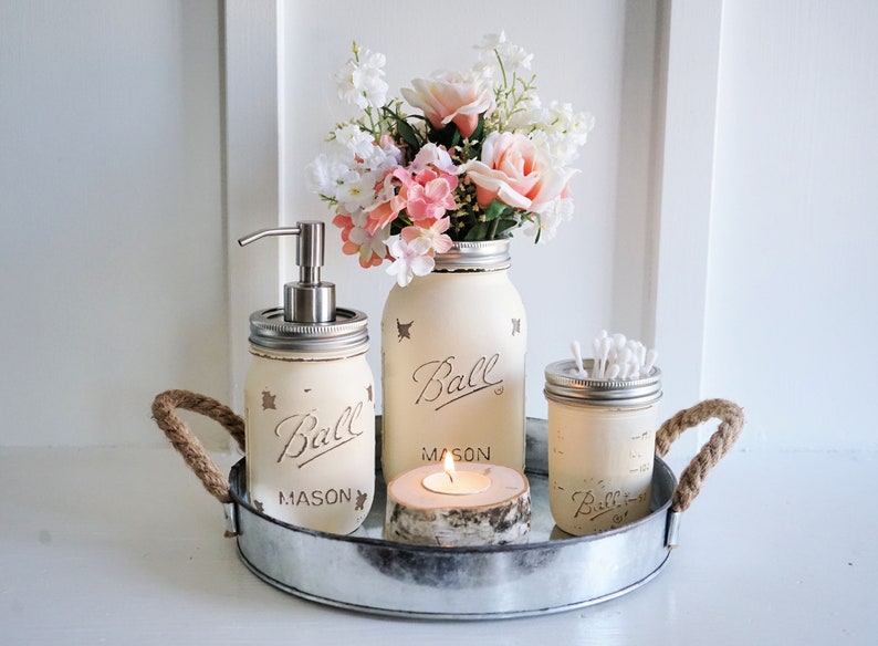 Mason Jar Bathroom Set With Tray. Round Galvanized Tray. Mason Jar Soap Pump. Mason Jar Vase. Birch Wood Candle Holder.Rustic Bathroom Set image 3