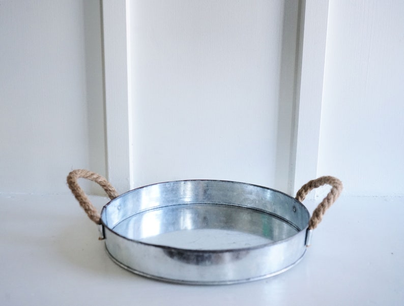 Round Galvanized Tray. Rope Handles. Rustic. Farmhouse. Etsy