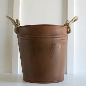 Rustic Metal Bucket. Wastebasket. Storage Bin. Planter. Jute Rope Handles. Rustic Home Accents. Farmhouse Decor. Rustic Bathroom Decor