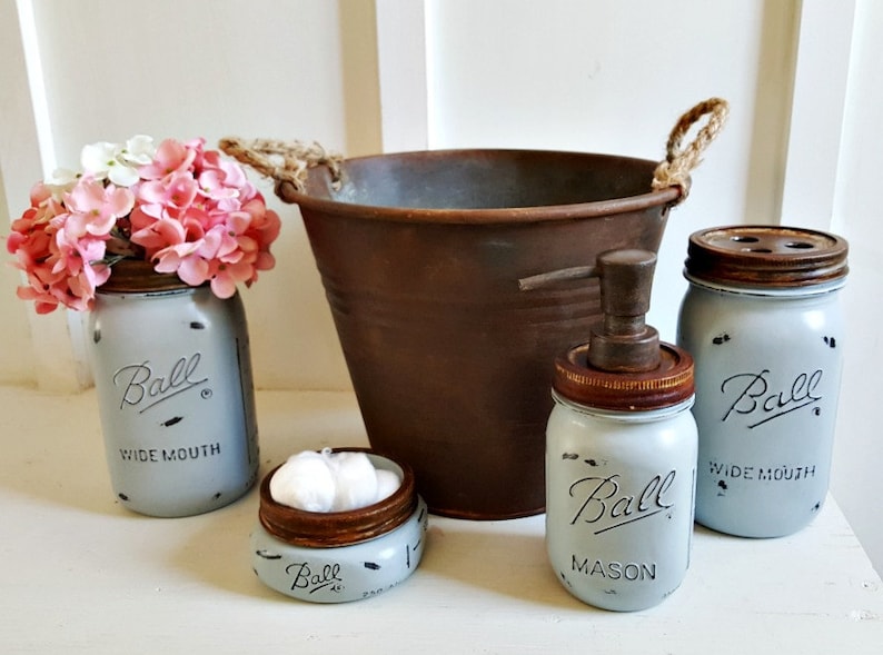 5 PIECE RUSTIC MASON JAR BATHROOM SET