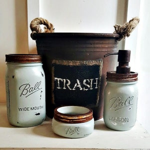 Mason Jar Bathroom Set. 4 Piece.Rustic.Vintage. Rustic Waste Basket. Rustic Bathroom Decor. Bathroom Accessories. Mason Soap Pump