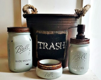 Mason Jar Bathroom Set. 4 Piece.Rustic.Vintage. Rustic Waste Basket. Rustic Bathroom Decor. Bathroom Accessories. Mason Soap Pump