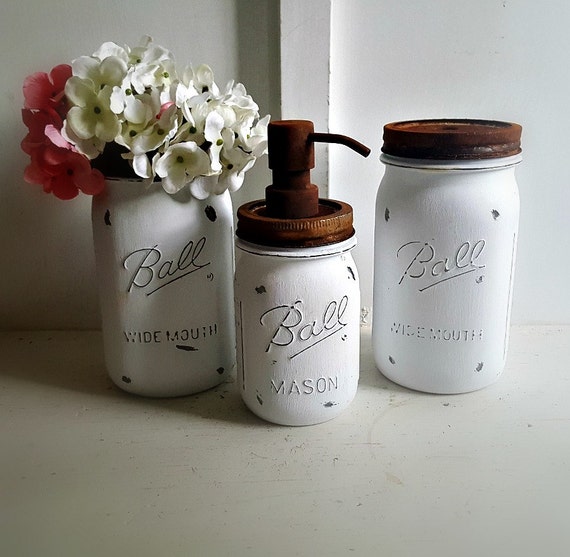 Mason Jar Bathroom Set. Rustic.white.3 Piece Bathroom Set. Etsy