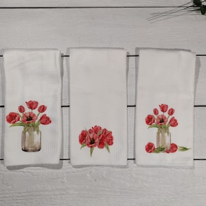 Poppy Flower 3 Pc Towel Set| Poppy Flower Kitchen Towel Set| Kitchen Towels| Kitchen Decor| Hand Towels| Bathroom Decor| Bathroom Towels