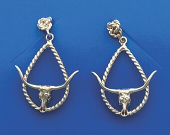 Longhorn Skull Earrings with Rope Border, Sterling Silver