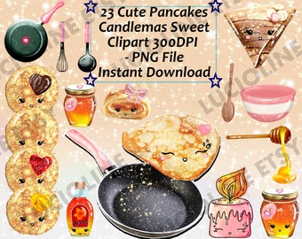 Pancakes Clipart Candlemas Kawaii Food Valentine's Day x23 PNG 300dpi Crêpes Candlemas Honey Download Planner Scrapbooking Printable
