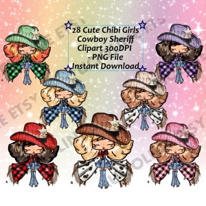 Cowboy Chibi Clipart Dress Western x28 PNG 300dpi Anime Girl Fashion Cute Sheriff Cowgirl Download Planner Scrapbook Printable