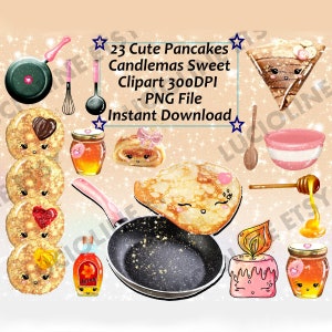 Pancakes Clipart Candlemas Kawaii Food Valentine's Day x23 PNG 300dpi Crêpes Chandeleur Honey Download Planner Scrapbooking Printable