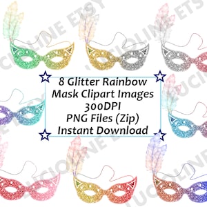 Carnival] Mask Glitter Rainbow x8 Clipart PNG 300dpi Makeup Masque Venetian Masquerade Fancy Download Planner Scrapbooking Shirt Print