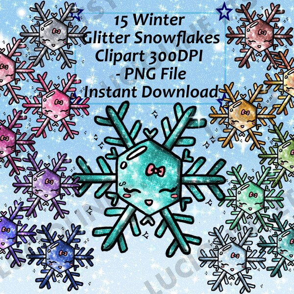 Winter Clipart] Rainbow Winter Snowflakes x15 PNG 300dpi Kawaii Flocons de neige Santa Claus Cute Download Scrapbooking Stickers