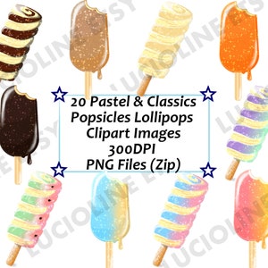 May include: A collection of colorful popsicle and lollipop clipart images. The image includes various flavors and designs, such as chocolate, orange, and rainbow swirls. Text on the image reads "20 Pastel & Classics Popsicles Lollipops Clipart Images 300DPI PNG Files (Zip)".