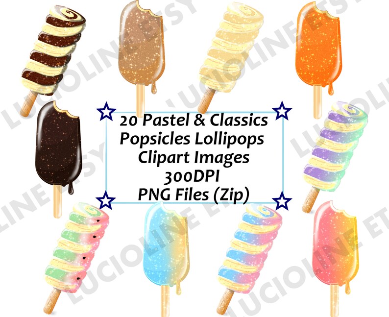 May include: A collection of colorful popsicle and lollipop clipart images. The image includes various flavors and designs, such as chocolate, orange, and rainbow swirls. Text on the image reads "20 Pastel & Classics Popsicles Lollipops Clipart Images 300DPI PNG Files (Zip)".