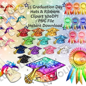 Graduación imprimible] Sombrero Ceremonia Imágenes Prediseñadas x35 PNG 300dpi Diploma Cinta Medalla Desplazamiento Arte Instantánea Descargar Planificador Imprimir Decoración de la habitación