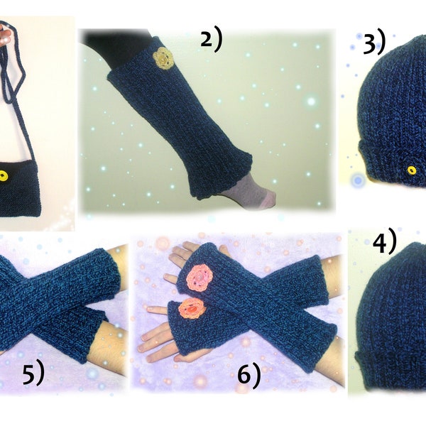 Winter]  Blue Warmers Beanie Handbag Marine Sea Sailor - Mitaines Bonnet et Guêtres en laine tricoté bleu Fait Main