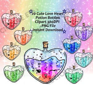 Love Potion x20 Kawaii Bottle PNG 300dpi St Valentin Cute Rainbow Instant Download Planner Scrapbooking Sticker