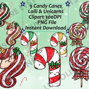 Christmas Clipart] Candy Canes Unicorn x9 PNG 300dpi Kawaii Sucre d'orge Licorne Bonbon Santa Claus Cute Download Scrapbooking Stickers
