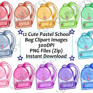 School Bag Kawaii Printable Clipart x12 PNG 300dpi Cute Pastel Rainbow Love Kids Ecole Enfants Weekly Download Planner Stickers