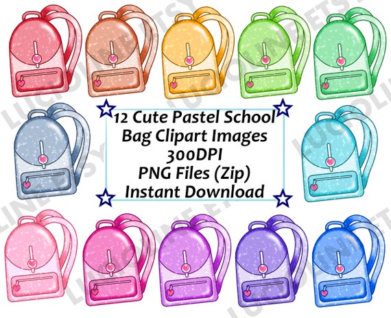 School Bag Kawaii Printable Clipart x12 PNG 300dpi Cute Pastel Rainbow Love  Kids Ecole Enfants Weekly Download Planner Stickers