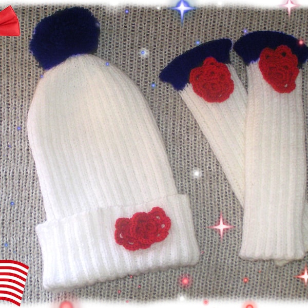 Mother's Day]  White Beanie Warmers France - Mitaines Bonnet en laine Blanc pompon Bleu et Rouge Drapeau Cute Patriot tricoté Fait Main