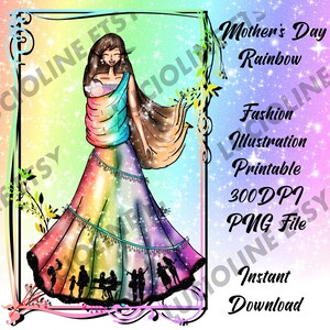 Mothers Day Printable] Fashion Illustration Rainbow Dress Clipart PNG 300dpi Baby Mom Art Instant Download Planner Print Room Decor
