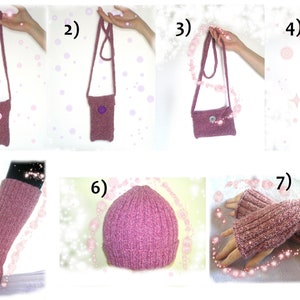 Pouch Beanie Warmers Winter Knitted, Pink Purple Cute Mini Sacs Guètres Bonnet & Mitaines en laine tricoté Main