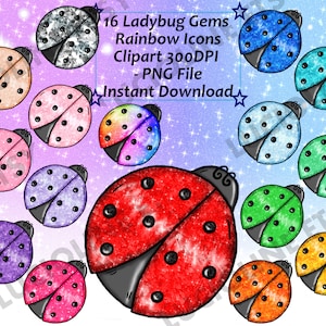 Ladybug Clipart] Lucky Crystal Icons x16 PNG 300dpi Rainbow Insect Kawaii Chance Miracle Download Planner Scrapbook Printable