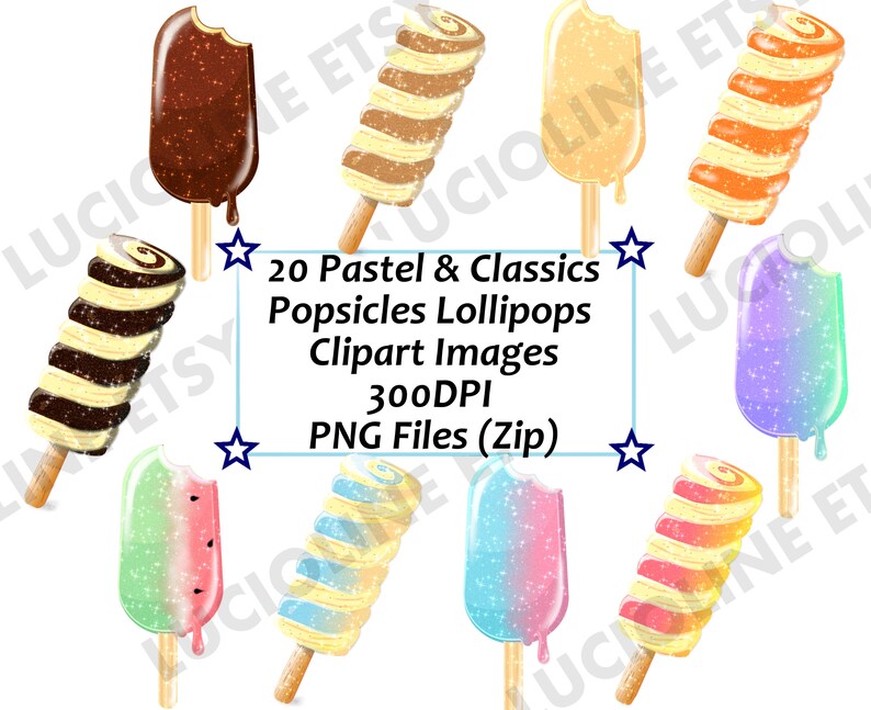 May include: A collection of colorful, digitally illustrated popsicles and lollipops on wooden sticks. The image includes a variety of flavors and designs, with some having a bite taken out. Text reads "20 Pastel & Classics Popsicles Lollipops Clipart Images 300DPI PNG Files (Zip)".