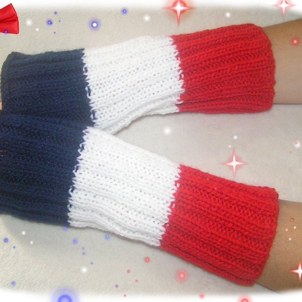 Winter]   France Striped Beanie Warmers - Mitaines Bonnet en laine Bleu Blanc Rouge Rayé Drapeau Cute Patriote tricoté Fait Main