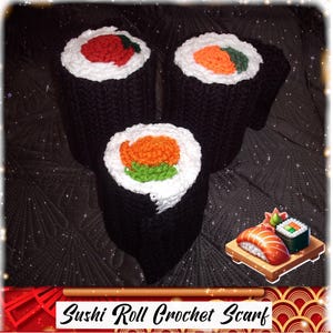 Scarf Sushi Japanese Funny Wool Long crochet wool scarf black white orange green Handmade