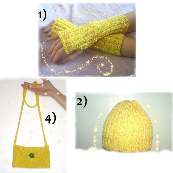 Mother's Day]  Yellow Beanie Warmers Handbag Glitter Sun - Mitaines Bonnet et sac en laine jaune pailleté tricoté Fait Main