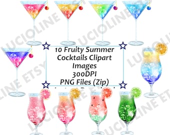 PNG Summer Cocktails Drink Rainbow Clipart 300dpi Lemonade Fruits Tropical Instant Download Planner Scrapbooking Bullet Agenda