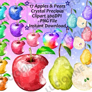 Fruit Clipart] Apple Pear Gemstone x17 PNG 300dpi Rainbow Crystal Kawaii Fruits Jewelry Download Planner Scrapbook Printable