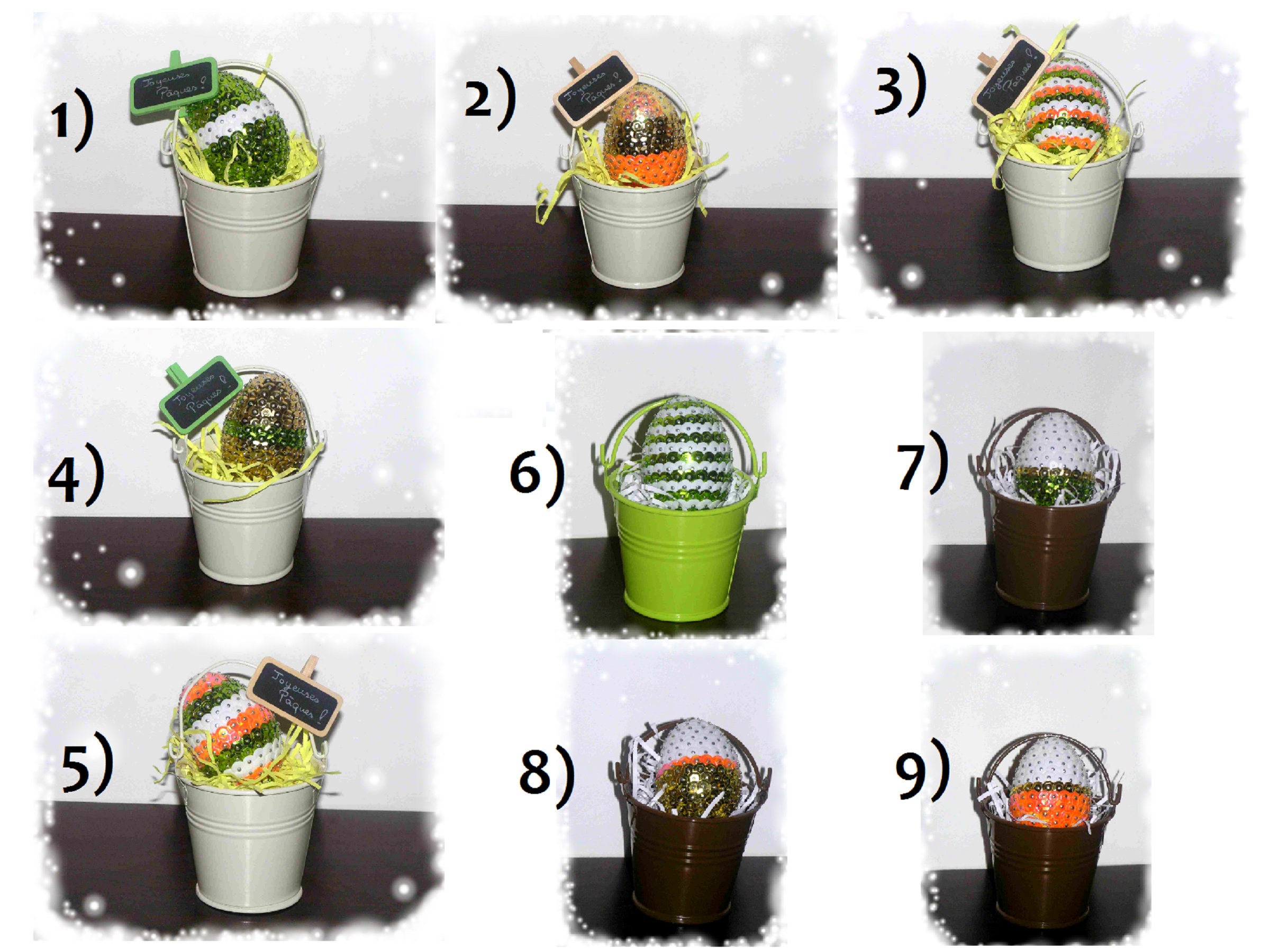 Easter Deco] Poseable Buckets Eggs Nest Ribbon Sequins - Seaux Metal Décoratifs Paques Fait Main Nid