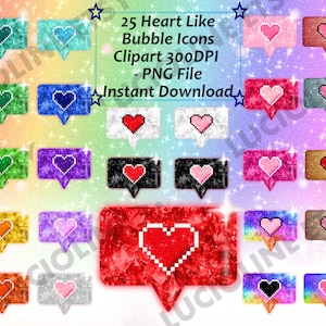 Clipart Heart Like x25 PNG 300dpi Rainbow Speech Bubble Icon Emoji Favorite Jewelry Download Planner Scrapbook Printable