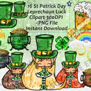 St Patrick Clipart] Leprechaun Cauldron Irish x16 PNG 300dpi Irlandais Trèfles Chance Rainbow Download Planner Scrapbook Printable