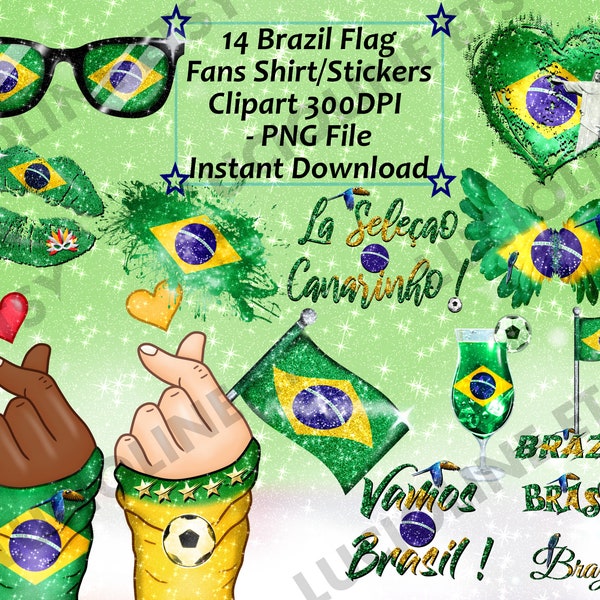 Flag Clipart] Brazil Fans Patriot World x14 PNG 300dpi Splash Paint Shirt Parrot Rio Carnival Lips Summer Download Planner Printable