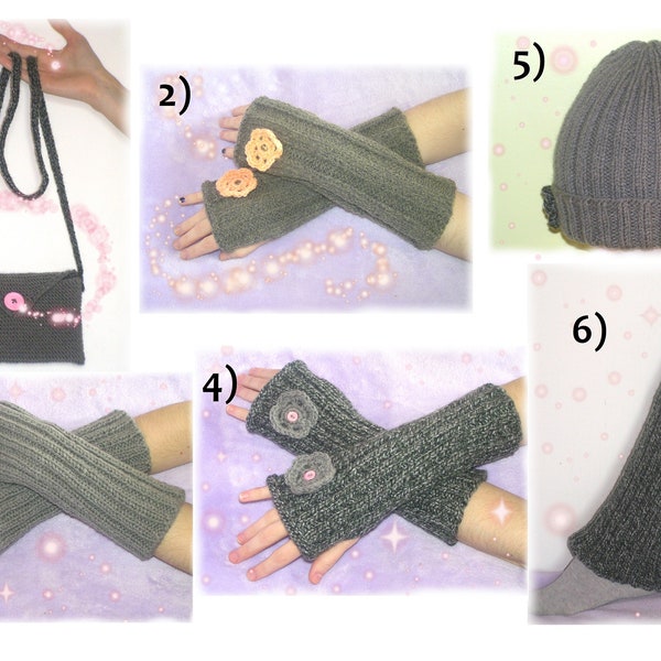 Winter]  Grey Handbag Beanie Warmers Silver Metallic - Mitaines Bonnet Trousse Pencil case en laine tricoté Fait Main