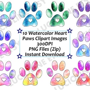 Watercolor x10 Paws Heart Clipart PNG Love Pets Rainbow Multicolor Instant Download Planner Scrapbooking Galaxy Stickers Dog Cat
