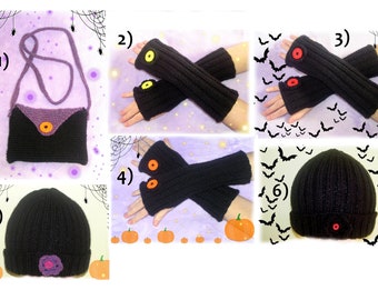 Mother's Day]  Black Beanie Warmers Handbag Halloween Vampire Witch - Mitaines Bonnet et sac en laine noir tricotés Fait Main