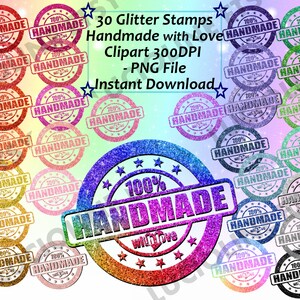 Stamp Clipart] Glitter Handmade Love x30 Colors Rainbow PNG 300dpi Gift Tags Printable Seller Instant Download Planner Scrapbooking Sticker