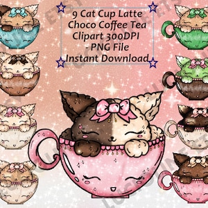 Cat Cup Chocolate x9 PNG 300dpi Mug Hot Drink Coffee Cappuccino Kitten Latte Download Planner Scrapbook Printable