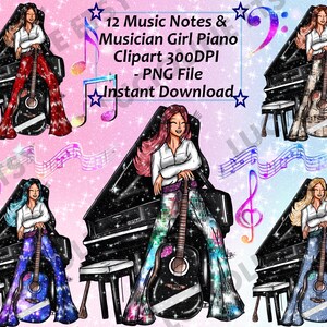 Music Clipart] Piano Girl Notes Musical x12 PNG 300dpi Rainbow Retro Pants Artist Love Fashion Download Planner Scrapbook Printable