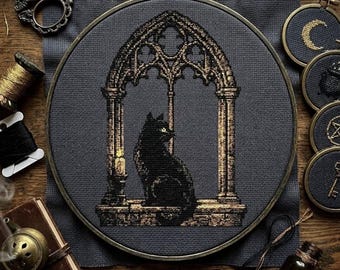 Black Cat In Gothic Style Window Cross Stitch - Witchy PDF Pattern Chart