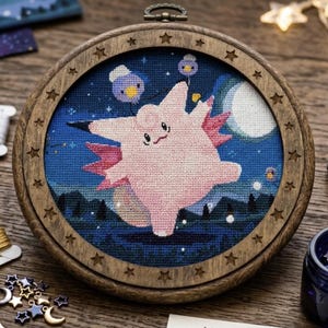 Könnte beinhalten: Ein runder Stickrahmen aus Holz mit einem Kreuzstichmotiv eines rosa Clefable-Charakters vor einem dunkelblauen Nachthimmel mit Vollmond, Sternen und kleinen schwebenden Laternen, eingefasst in einen Rahmen mit eingravierten Sternen.
