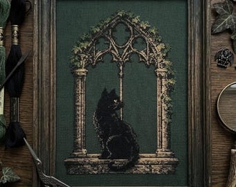 Black Cat In A Gothic Cathedral Window Cross Stitch - PDF Pattern Chart