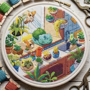 May include: A circular embroidery hoop containing a cross-stitch design of a kitchen filled with various potted plants and a Bulbasaur character. The scene includes a sink, cabinets, and a Pidgey, surrounded by colorful embroidery floss spools and scissors.