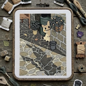 May include: A cross-stitch embroidery project in a wooden hoop featuring a Mimikyu character peeking from behind a wall on a stone path. The scene includes potted plants, a bucket, and a brick wall, surrounded by embroidery floss and pins.