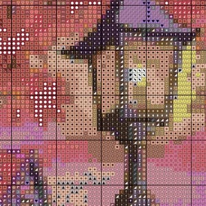 May include: A cross stitch pattern chart featuring a grid of symbols on a background of pink, red, and purple hues. The design depicts a central street lamp post with a lantern top, rendered through various geometric icons and color-coded squares.