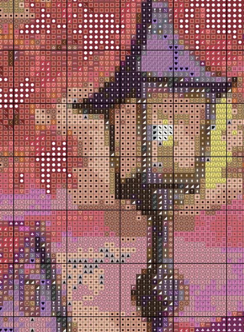 May include: A cross stitch pattern chart featuring a grid of symbols on a background of pink, red, and purple hues. The design depicts a central street lamp post with a lantern top, rendered through various geometric icons and color-coded squares.